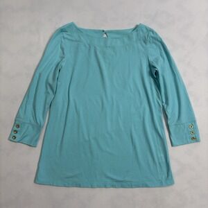Lilly Pulitzer Womens Long Sleeve Top Blue Pima Cotton Stretch Button Back